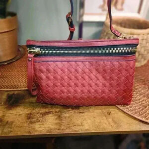 Madison West Crossbody Clutch Dark Red Woven Women Wristlet Evening Bag